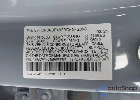 2021 Honda Accord Sport из США, поврежденный, VIN 1HGCV1F34MA044381